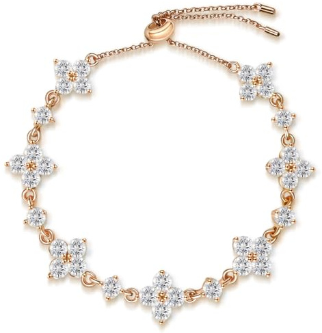 FEIKFEIZ Braccialetto con moissanite, in diamante moissanite coltivato in laboratorio, placcato in oro rosa 18K, bracciale trifoglio regolabile, regalo per donna.