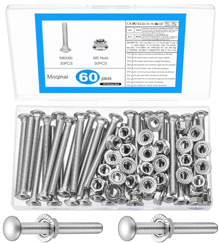 60pcs M6 x 60mm Carriage Bolts and Nuts Set, Stainless Steel Coach Bolts with Hex Flange Nuts, Round Head Square Neck Bolts for Wood, Metal, Fence, and Gate Fixings