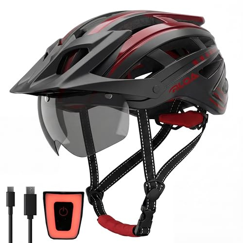RLQA Casque Velo Homme Femme – Casque VTT/Route avec Visière Magnétique Détachable et Lunettes, 24 Aérations, Feu arrière LED, Taille Réglable (M:54-58 cm, Noir Rouge)