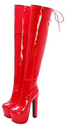 Stivali sopra Il Ginocchio con Tacco Largo da Donna Plateau Stivali Alti alla Coscia Invernali con Lacci,Red Patent,42 EU