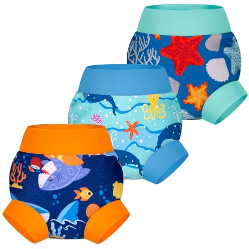 BIG ELEPHANT – Lot de 3 maillots de bain-couches pour bébé – Réutilisables, ajustables et lavables | Imperméable, facile à nettoyer, pour bébés et tout-petits, piscine et plage, 6 mois à 5 ans