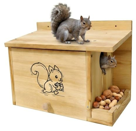 DFWRFVA Extra Large Squirrel House (15.7 inches), Anti-Predation Squirrel Nest Box, with Squirrel Feeder, Carbonized Cedar Wood Outdoor Squirrel House, Solid Wood Backyard Wildlife Shelter