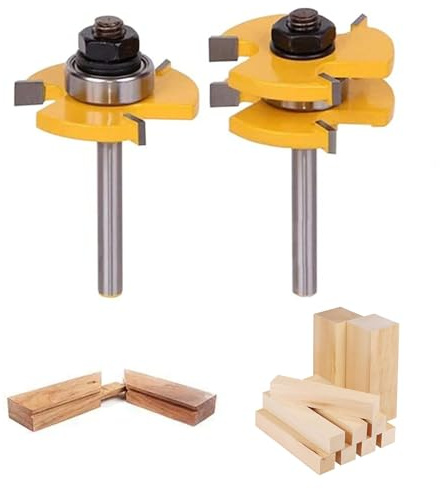 Cooyeah 1/4-Inch Shank Matched Tongue and Groove Router Bit Set, 2 Pieces 1/4 Shank 3 Teeth T-Shape Wood Milling Cutter & 1 Pieces 1/4 Flush Trim Router Bit