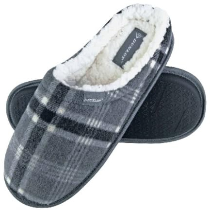 DUNLOP - Mens Warm Plush Fleece Lined Slip On Mule Checked Plaid House Slippers
