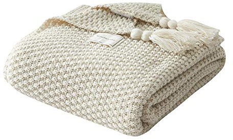 EXQUILEG 100% Baumwolle Kuscheldecke Tagesdecke Gestrickte überwurf Decke Ultra Weich Warm Wohn-Kuscheldecke für Baby Couch Bett Sofa Stuhl Auto Büro (Beige,130 x 170 cm)