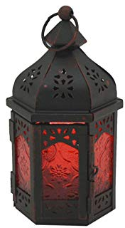 Rebecca Mobili Ethnischer Kerzenhalter, Innenlaterne, Metallglas, Rot, Schwarz, Terrassenraum - Maße: 17 x 9 x 8 (HxLxB) - Art. RE6562