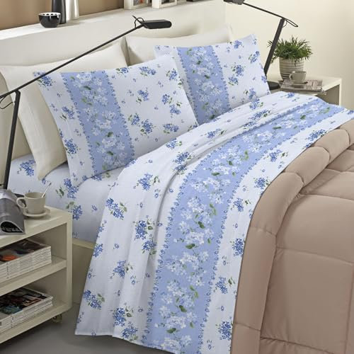 Banzaii Completo Lenzuola Invernale Felpate in Flanella Anti-Pilling 100% Cotone Singolo (per Materasso 80/90 cm, Altezza Fino a 35 cm) Caterina Azzurro