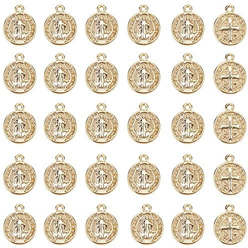 Nbeads 30 Stück Flache Runde Anhänger, Messing Charms Mit Saint Benedikt Medaille Echt 18K Vergoldet für Die Schmuckherstellung, Bohrung: 1 mm