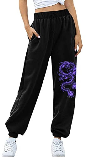 Schwarz Jogginghose Damen Lang Freizeithose Sporthose Trainingshose Elegant Stoffhose Gefütterte Yogahose für Frauen Teenager Mädchen Damen Vintage Drachen Bedrucken Outdoor Taschen Sweatpant