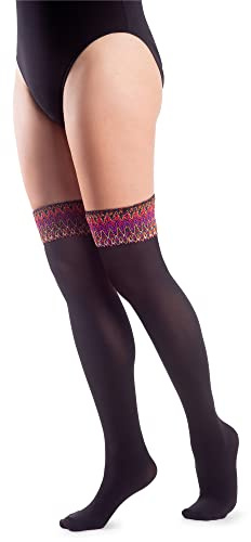 NOQ Calze da donna sopra il ginocchio etnico nere calze alte con pizzo colorato stile hippie 200 DEN fantasia collant boho, schwarz, Taglia unica