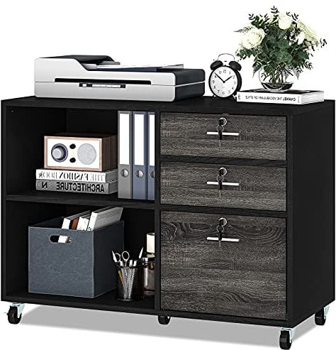 YITAHOME Filing Cabinet with 3 Drawers Lockable, Mobile Filing Cabinet for Home Office, Wood Storage Cabinet for A4, Letter Size Documents, Printer Table with Open Compartments Lock and Wheels, Black