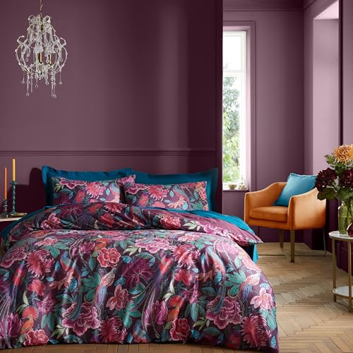 Catherine Lansfield Bridgerton Kate Floral Soft Velvet Double Duvet Cover Set with Pillowcases Plum