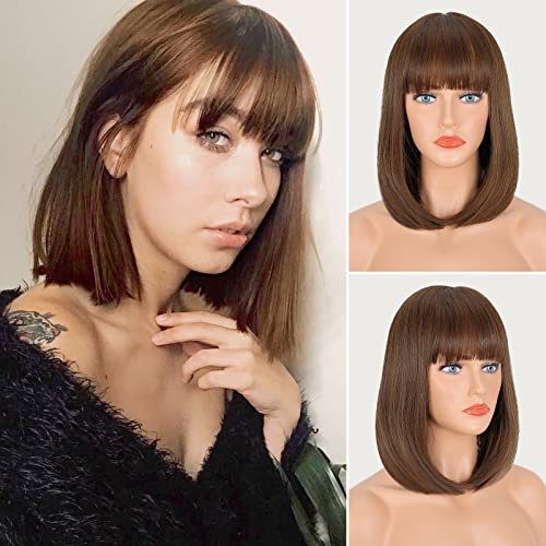 FESHFEN Kurze Bob Hellbraun Perücken mit Pony für Damen Mittellange Synthetik Perücken Gerade Haar Perücken für Frauen 35 cm