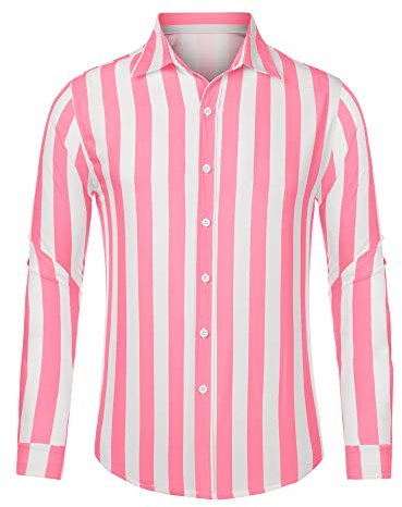 Lars Amadeus Camicie a righe casual da uomo a maniche lunghe Button Down Classic Fit Camicie, Rosa/Bianco, XXL