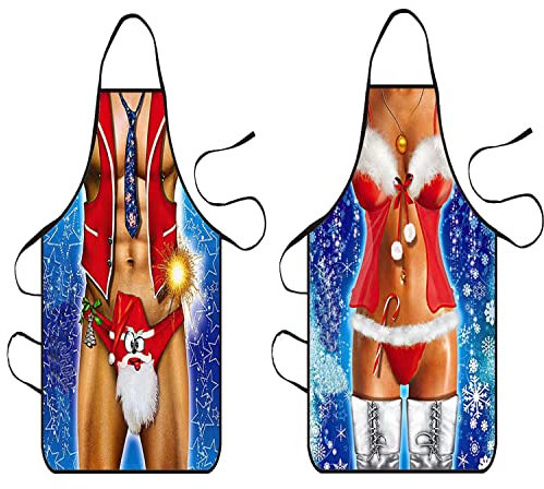 Delantales de cocina de Navidad, delantales divertidos de Papá Noel para hombres y mujeres, partido de cocina, delantal sexy para barbacoa (paquete de 2), Esposa y marido D