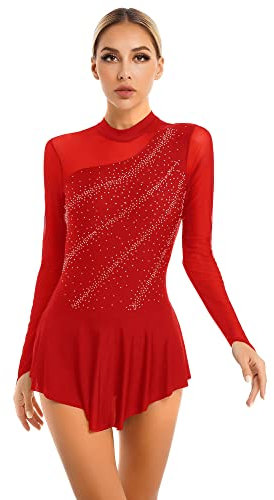 iEFiEL Damen Langarm Ballettkleid Eiskunstlauf Kleid mit Glitzer Kristallen Ballettkleidung Gymnastik Leotard Turnanzug Tanzkostüm Za Rot M