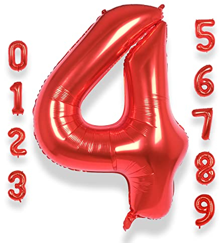 AULE Luftballon Zahl 4 Rot: XXL 101 cm Zahlen Folienballon Geburtstag Rot 4 Jahre 40 Zoll Helium Ballon Kinder Junge Mädchen Zahlenballon für Babyparty Jubiläum Deko