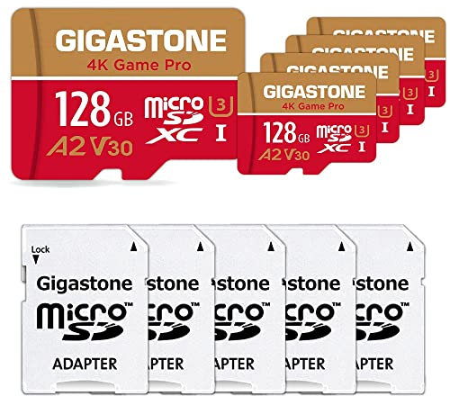 [5 Anni Recupero Dati Gratuito] GIGASTONE 128 GB Set da 5 Scheda di Memoria, Game Pro MAX, Velocità fino a 120/80 MB/s, per Nintendo-Switch 1, Steamdeck, 4K Video, A2 V30 U3 MicroSDXC con Adattatore