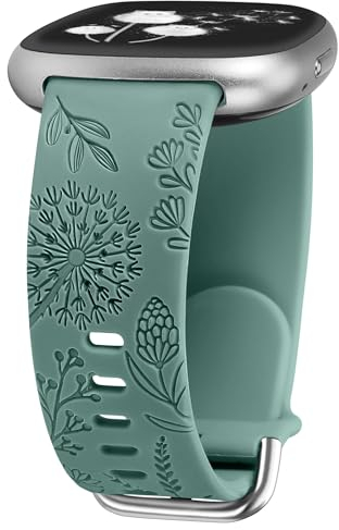 TOYOUTHS Löwenzahn Floral Gravierte Armband kompatibel mit Fitbit Versa 4/Versa 3/Sense 2/Sense Armband Frauen Weich Silikon Fancy Cute Sport Sommer Ersatzarmbänder für Versa 4, Grün