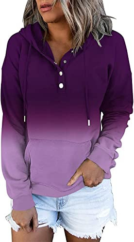 KISSMODA Women's Short Sleeve Gradient Hoodies Tie Dye Casual Full Button Down Hooded Sweatshirts Outdoor with Pockets Gradient Purple Large
