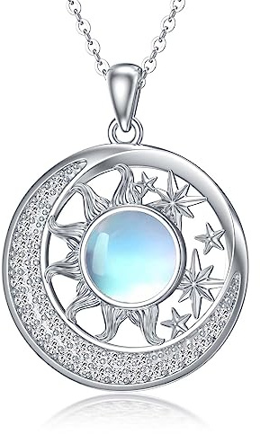 YAFEINI Mond Sonne Stern Halskette Sterling Silber Mondstein Sonne Halskette Anhänger Schmuck Geschenke für Damen Mädchen (Sonne Mond Halskette)