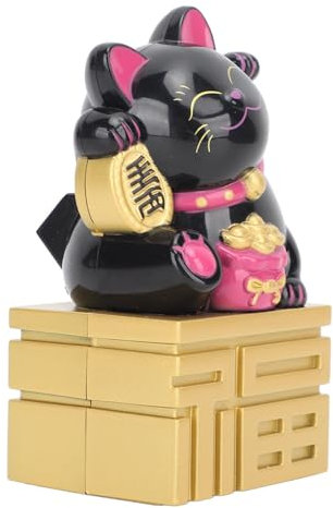Statue de Chat Porte-bonheur, Bras Agitant, énergie Solaire, Bonne Chance, Richesse, Bienvenue, Figurine de Chat Chinois Feng Shui, Décoration de Tableau de Bord de Voiture (Noir)