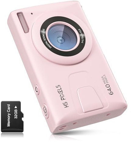 Cámara Digital CCN, 64MP 1080P FHD Cámara de Fotos con Pantalla de 3.0 Pulgadas, 18X Zoom Digital Cámara Compacta Portátil con 32GB Tarjeta TF, Cable USB, para Adolescentes Niños Adultos, Rosa