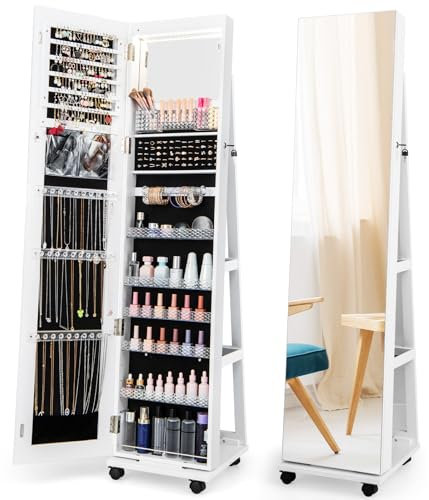 COSTWAY 3 en 1 Armoire à Bijoux sur Roulettes, Organisateur de Bijoux sur Pieds avec Miroir Psyché sans Cadre, Lumières LED et Miroir de Maquillage Intégré, Verrouillable, Étagères Réglables, Blanc