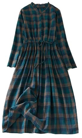 Vintage Plaid Dresses for Women UK Cotton Linen Maxi Dresses Button V Neck Long Sleeve Dress Pleated Boho Beach Holiday Dresses Summer Casual Tunic Dress Elastic Waist Tie Checked Long Dress