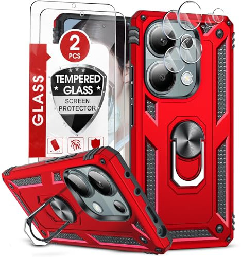 LeYi Funda para Xiaomi Note 13 Pro 4G con 2 Piezas Vidrio Templado y 2 Piezas Protectores Lente Cámara,Armor Carcasa con 360 Anillo Soporte Hard PC y Silicona Antigolpes Case,Rojo