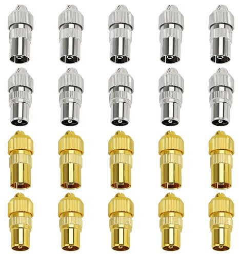 KUOQIY 20 Pezzi Connettore Coassiale in Metallo per Antenna TV, 10 Femmina e 10 Maschio Adattatore Connettore Coassiale RF per Cavo Antenna, Connettore Adattatore Coassiale per Cavo RF