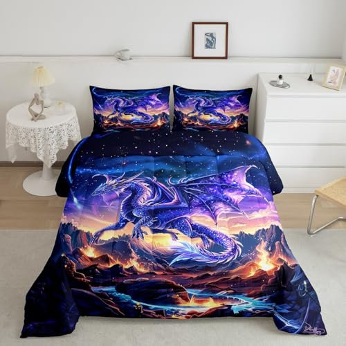 Bettwäsche-Set mit Drachen-Motiv, Queen-Size-Größe, magische Tiere, 3-teilig, für Kinder, Mädchen, Jungen, Teenager, Raumdekoration, Sternenhimmel und Flamme, Berg, violett, Western-Motiv,