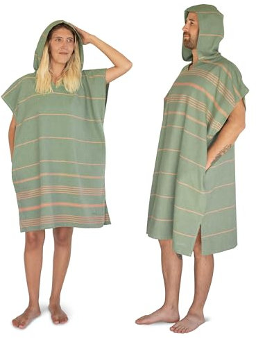 LeStoff Poncho surf - 100% Cotone bio, Prelavato, Assorbente, Asciugatura Rapida, Leggero, Poncho mare, Poncho accappatoio con cappuccio e tasche, per uomini e donne, verde oliva (Olive-Orange, L)