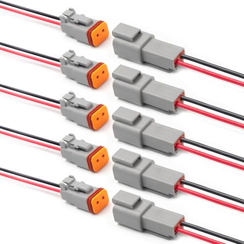 Elecbee 5 Paare DT KFZ Stecker mit 16AWG Kabel, DT Stecker 2 Poliger, Kfz Steckverbinder, Deutsch Stecker 2 Polig, DT Series Kabelverbinder Wasserdicht, DT Kabelstecker mit 16 AWG Kabeldraht