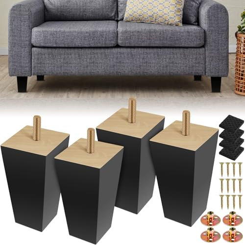 Lot de 4 pieds de meubles carrés en bois noirs antidérapants pour table, canapé et armoire (10 cm)