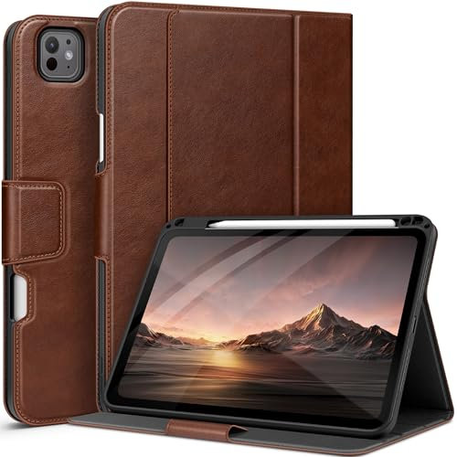 AUAUA Hülle für iPad Pro 11 Zoll M4 2024 (5. Gen), mit Stifthalter und Tasche, Multi-Winkel Ständer, Magnetverschluss, Auto Wachen/Schlafen (Braun)