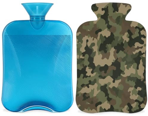 Green Camouflage Hot Water Bottle with Cover, Classic Camo Print Hot Water Bottle with Cover, 2L Hot Water Bag for Pain Relief, Neck and Shoulder, Hand Feet Warmer