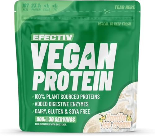 Efectiv Vegan Protein Powder 900g - Vanilla Ice Cream 23g Protein - Dairy, Gluten & Soy Free - Low Sugar Plant Based Protein Powder with Added Digestive Enzymes & Recyclable Packaging (30 Servings)