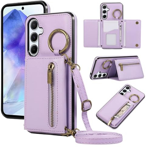 ESONG Cover per Samsung Galaxy A55 5G Portafoglio Case con Cordino Cinturino e Ring,Custodia A Libro In Pelle Flip Cerniera,Caso per Donna Con Porta Carte,Magnetica,Supporto Viola
