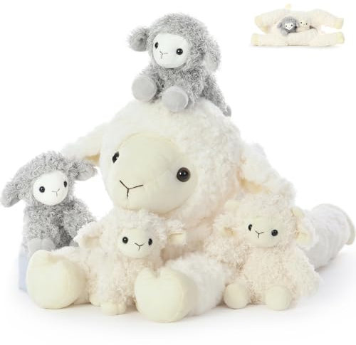 MorisMos riesen Schaf Kuscheltier XXL mit 4 lamm im Bauch, 50cm lang weich Schaf Plüschtier Stofftier, Sheep Lamb Weihnachten Geburtstag Geschenk Jungen Kinder Baby