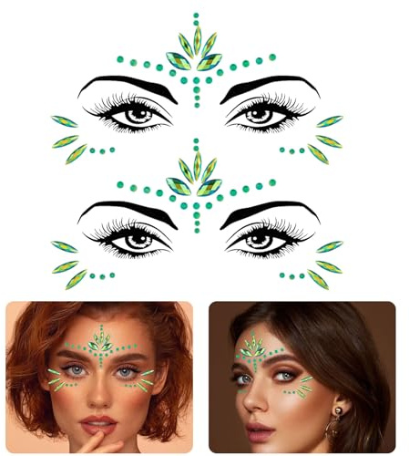 TAXTYHRE Glitzersteine Gesicht, 2 Stück Glitzer Gesicht Edelsteine, Glitzer Steine zum Aufkleben Gesicht, Strasssteine Temporäre Tattoos für Halloween, Karneval, Musikfestival, Parties(Grün)