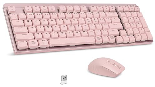 LeadsaiL Wireless Keyboard and Mouse Set, 2.4Ghz Wireless, US Layout, Low-Profile Red Switch, 98-Key Compact Slim Mechanical Keyboard and Silent Mouse for Windows/MacOS PC Laptop - Pink