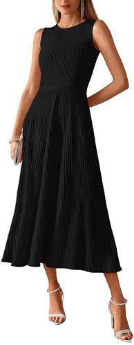 BTFBM Women Midi Bodycon Tank Dress Summer Crewneck Sleeveless Pleated A Line Business Casual Knit Sweater Fall Dresses(Black, Medium)