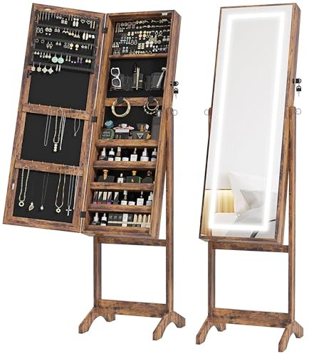 HOMCOM Jewellery Cabinet with LED Light, Lockable Jewellery Organiser with Full-Length Mirror for Bedroom Dressing Room, Rustic Brown