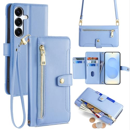 betterfon Handykette kompatibel mit Samsung Galaxy S25+ | Leder Handyhülle mit Kartenfächern | Handyhülle zum Umhängen | Hellblau