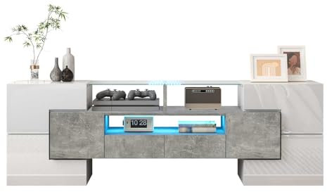 YEHTOKHOME Meuble TV Moderne,Meuble TV Multifonctionnel avec éclairage LED,Meuble avec 6 Portes et 2 tiroirs, organizzatore avec Espace de Rangement (Blanc + Gris)