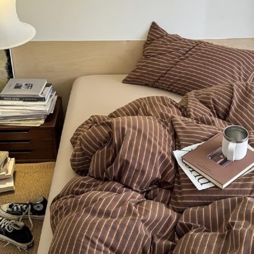 Lanqinglv Bettwäsche 155x220 cm Braun Gestreift Allergiker Bettwäsche aus Microfaser, ÖKO-TEX Bettwäsche Set - Bettbezug mit Reißverschluss und 1 Kissenbezug 80x80 cm
