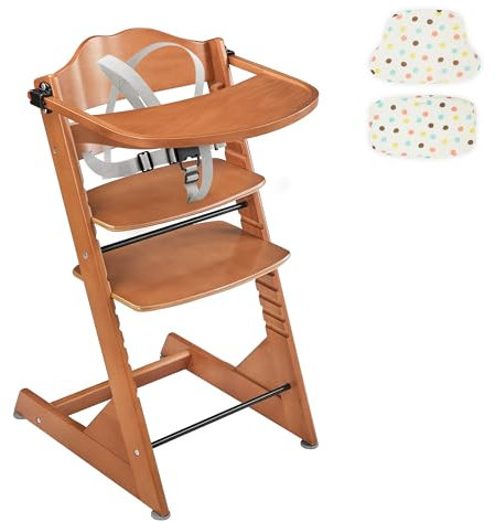 LUE BONA Hochstuhl aus Holz – Umwandlungsfähiger Kinderhochstuhl mit abnehmbarem Tablett, Kissen und Sicherheitsgeschirr – Praktisch für Babys und Kleinkinder – Hellbraun