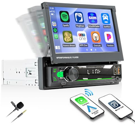 Ysimee Single Din Carplay Car Radio Stereo 7 Inch Touch Screen Universal Flip Out Car Stereo Wireless CarPlay Android Auto Multimedia Player with Mirror Link FM SWC USB TF AUX
