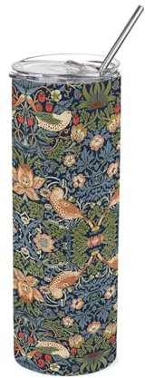 Purely Home Blue Strawberry Thief Travel Flask - William Morris Artwork Gifts - Reusable Stainless Steel Hot/Cold Drinks Cup with Straw 600ml